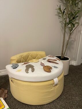 Yellow Kids Toy Storage Ottoman with Animal Play Mat